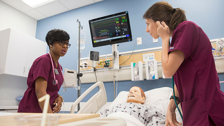 Nursing students working on simulation patient.
